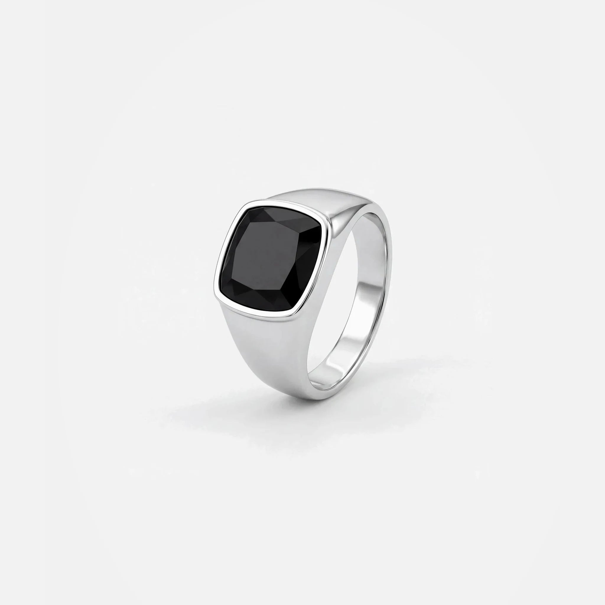 Black Stone Signet Ring in silver stainless steel, studio packshot