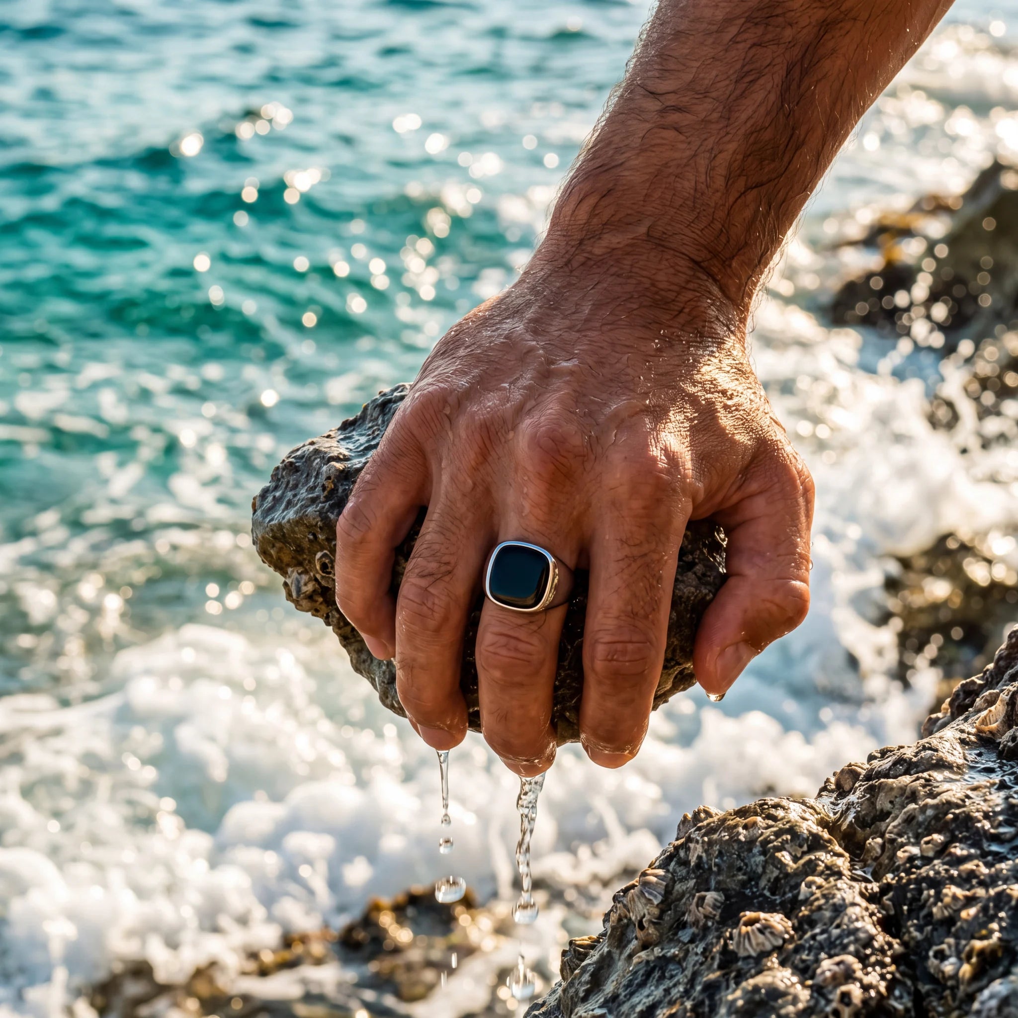 Black stone signet ring, silver, worn at the sea