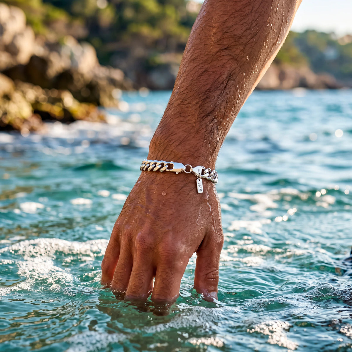 Cuban link bracelet, silver, worn out of the sea