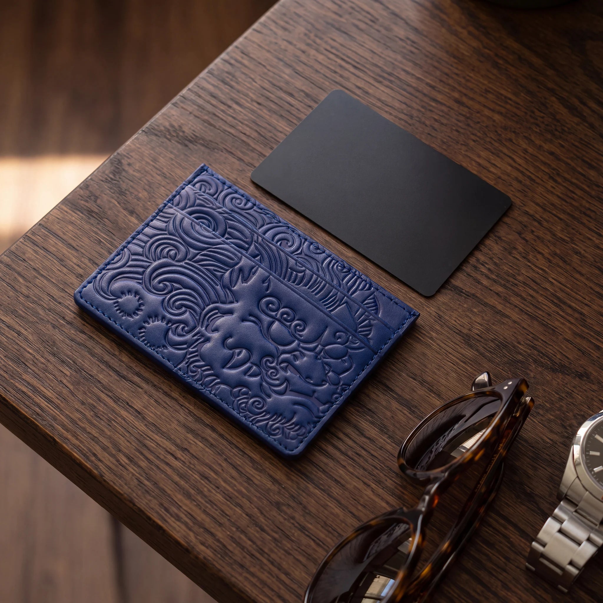 Baroque Cardholder next to a bank card for scale, Royal Blue