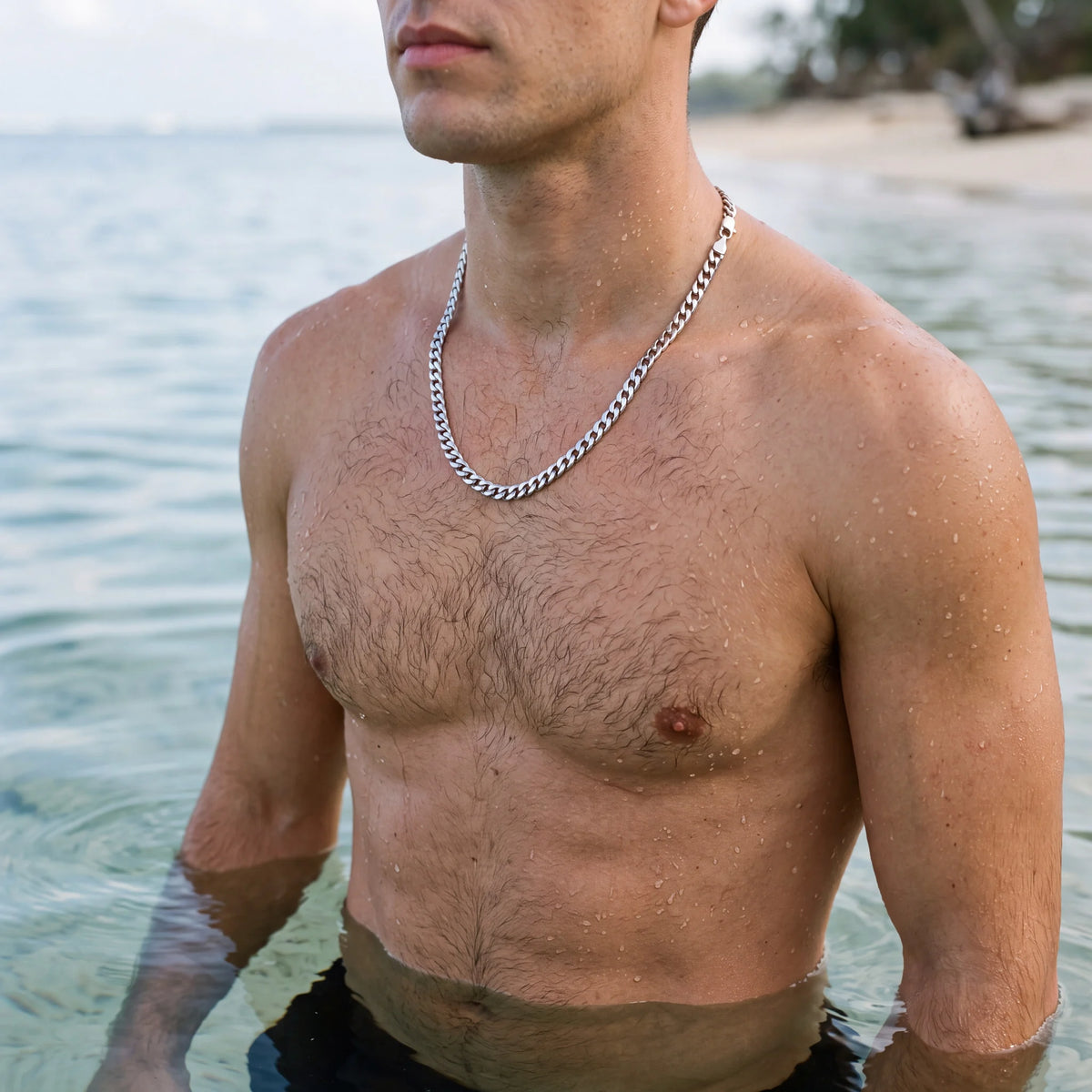 Curb chain necklace, silver, worn in the sea